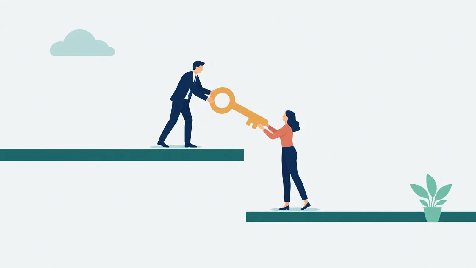 Flat vector illustration: a man on a raised ledge leans down to pass an oversized golden key to a woman standing on the lower level, both gripping it at the same moment.