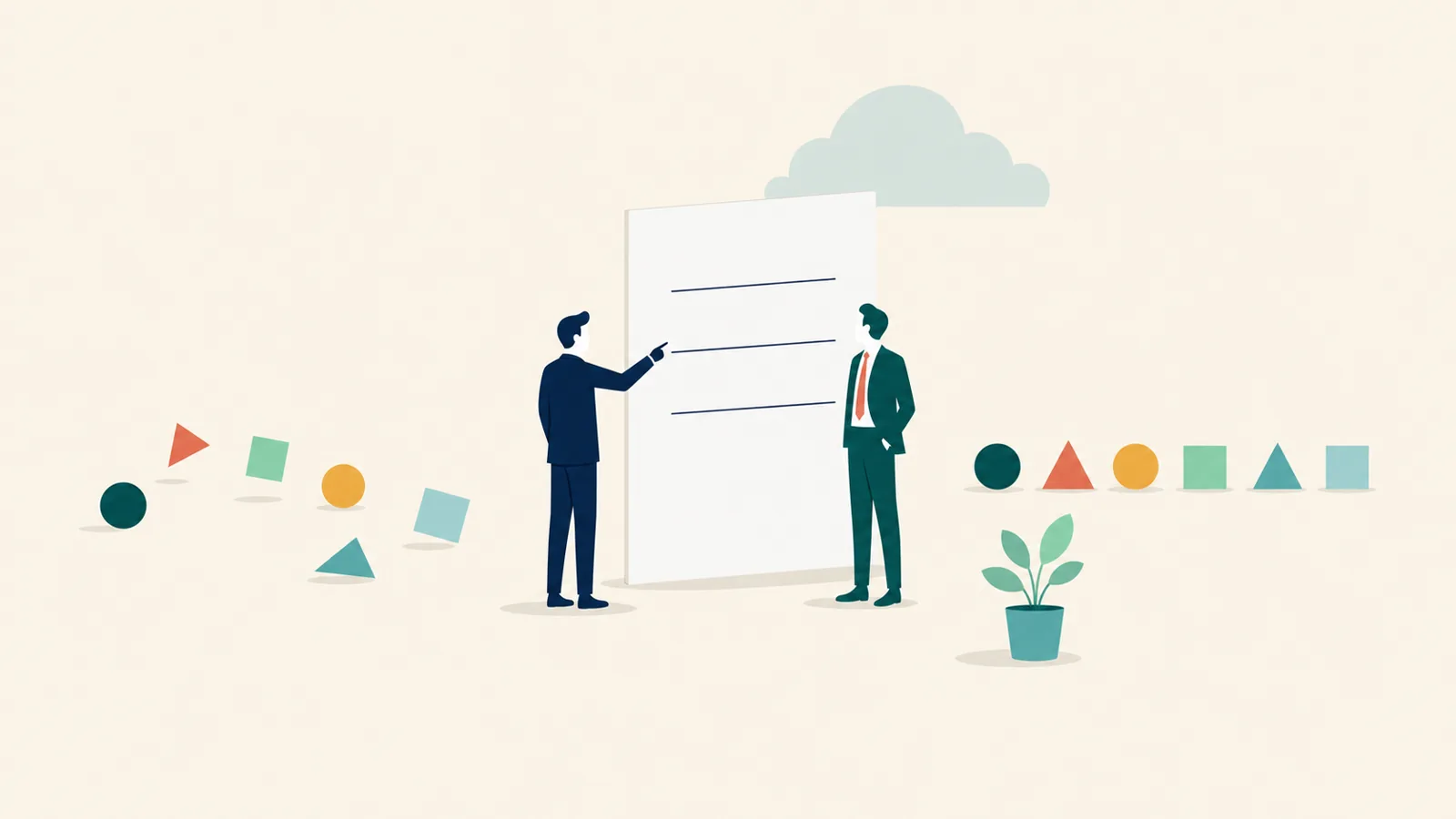 Flat vector illustration: two colleagues beside a tall card bearing three blank ruled lines, while scattered shapes on one side of the frame resolve into an orderly row on the other.