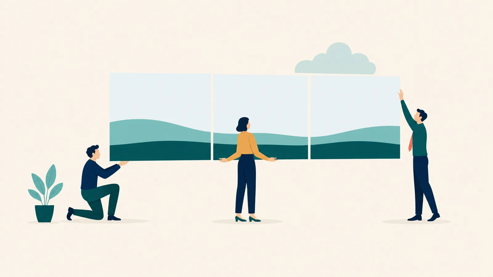 Flat vector editorial illustration on a cream background: three figures at different heights each hold up one large flat panel, and the three panels line up edge to edge so their separate pieces of teal landscape read as a single continuous horizon.